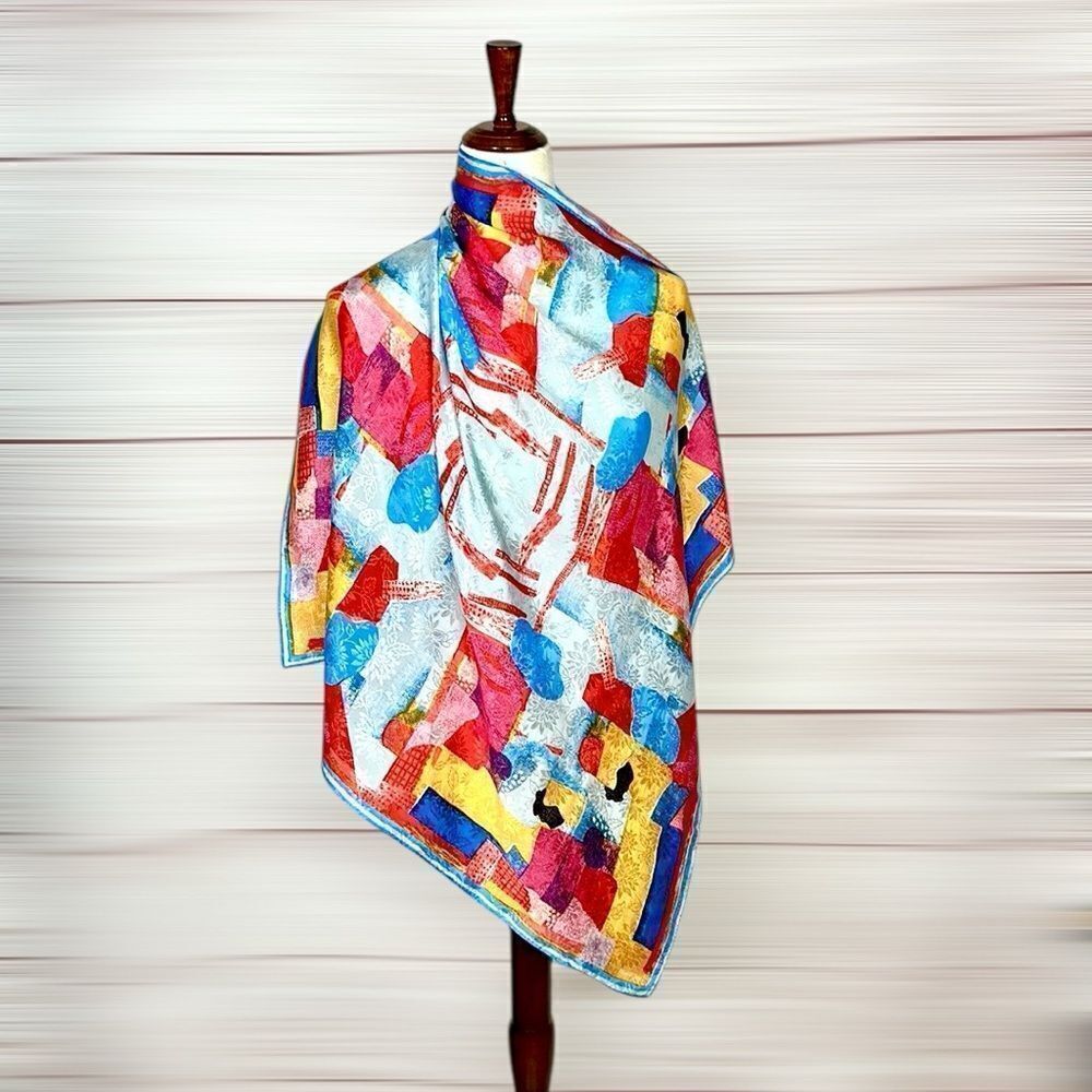 Albert Nipon for XIIX KARAT Silk Scarf Abstract Red Blue Yellow Vintage Japan